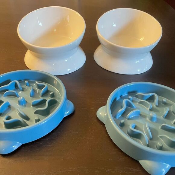 Raised Ceramic Dog or Cat Bowls and Two Slow Feeder Bowls - Picture 11 of 12